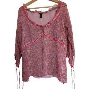 Sioni 💯 Silk Pink BLUSH Paisley Dainty LINED  Blouse with Ruched Details XL